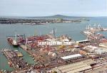 ID 1882 PORT OF AUCKLAND, NEW ZEALAND - Looking north toard Rangitoto Island and the Hauraki Gulf showing in foreground L-R: Marsden Wharf, Axis Bledisloe Container Terminal, Jellicoe Wharf, Freyberg Wharf...